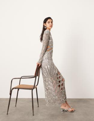 ASOS EDITION ASOS EDITION embellished long sleeve sequin cut work plunge neck midaxi dress in silver