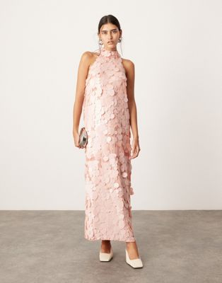 embellished matte disc sequin column midi dress in light pink