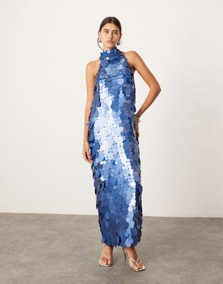 Asos Design Embellished Matte Disc Sequin Column Midi Dress In Midnight Blue