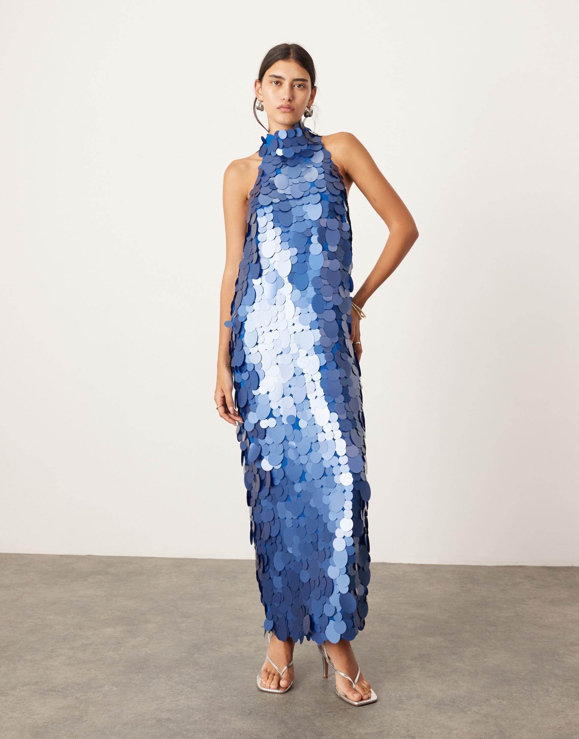asos edition embellished matte disc sequin column midi dress in midnight blue