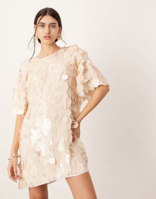 ASOS EDITION embellished matte disc sequin t-shirt mini dress in off white  | ASOS