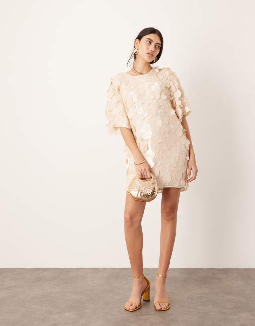 ASOS EDITION embellished matte disc sequin t-shirt mini dress in off white