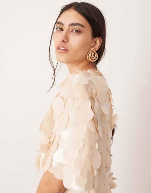 ASOS EDITION embellished matte disc sequin t-shirt mini dress in off white