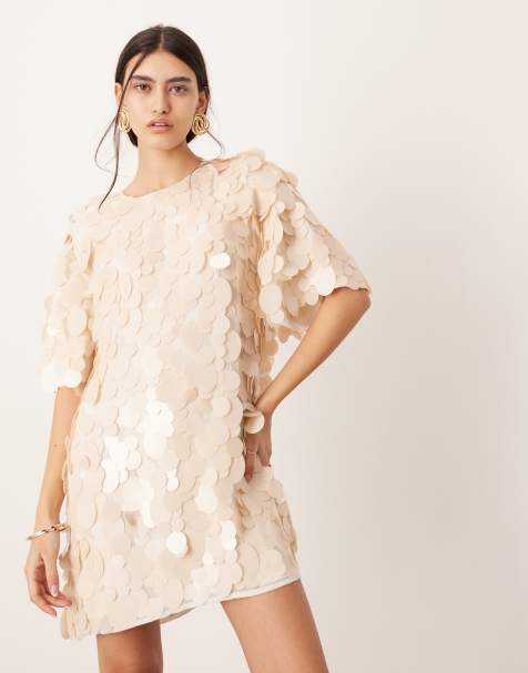 ASOS EDITION embellished matte disc sequin tshirt mini dress in off white - view 1
