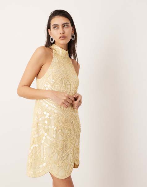 ASOS EDITION embellished mosaic halter neck mini dress in lemon - view 1