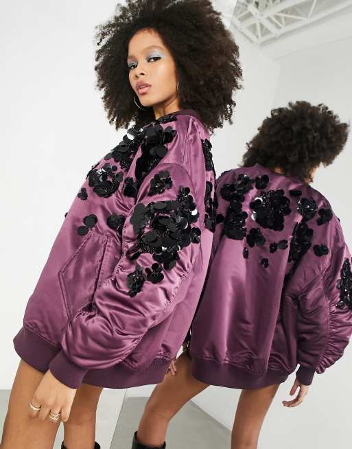 ASOS Pink Ultimate Embellished Satin Bomber Jacket Coat UK SIZE 8