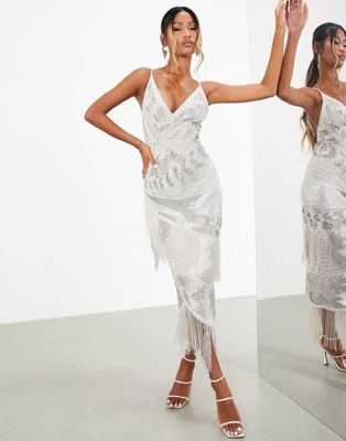 ASOS Embellished Cami Dress With Diamante Fringe in White