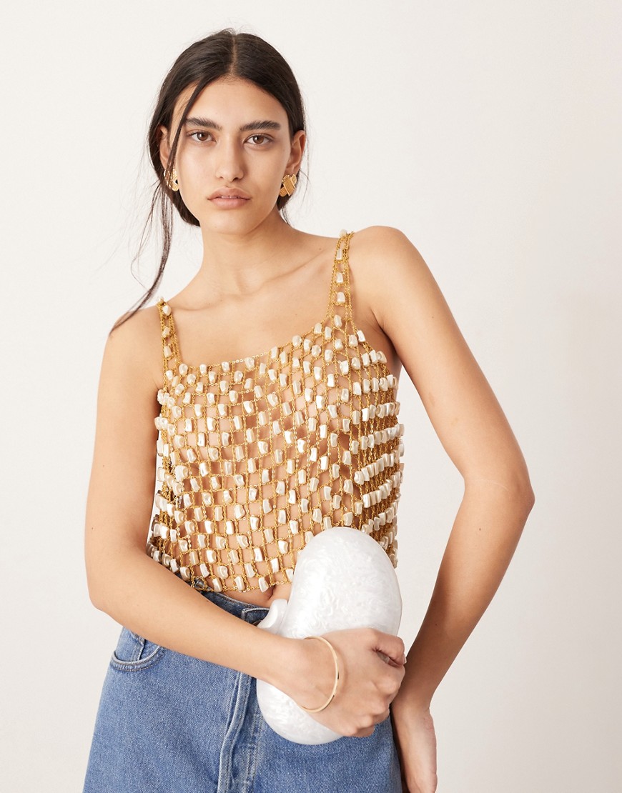 Asos Design Embellished Pearl And Chain Sleeveless Crop Top In Gold