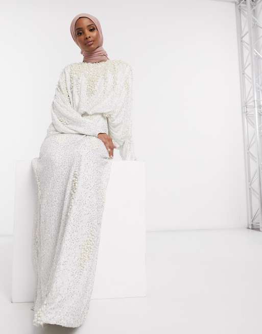 ASOS EDITION embellished pearl batwing sleeve maxi dress in white