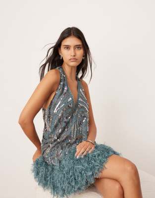 ASOS EDITION embellished plunge neck mini dress with faux feather hem in blue-Grey