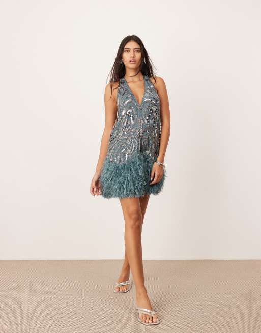 ASOS EDITION embellished plunge neck mini dress with faux feather