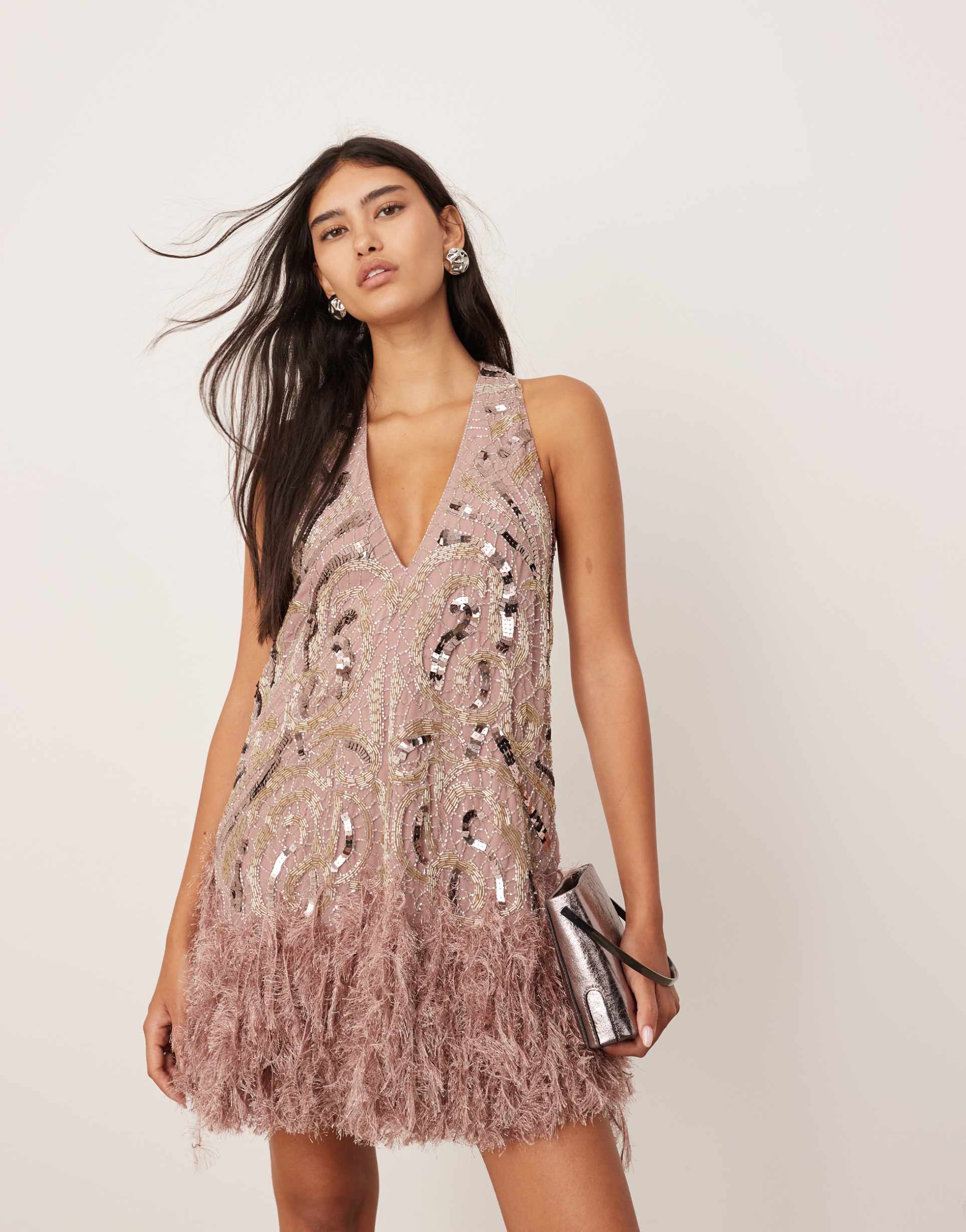 asos edition embellished plunge neck mini dress with faux feather hem in plum