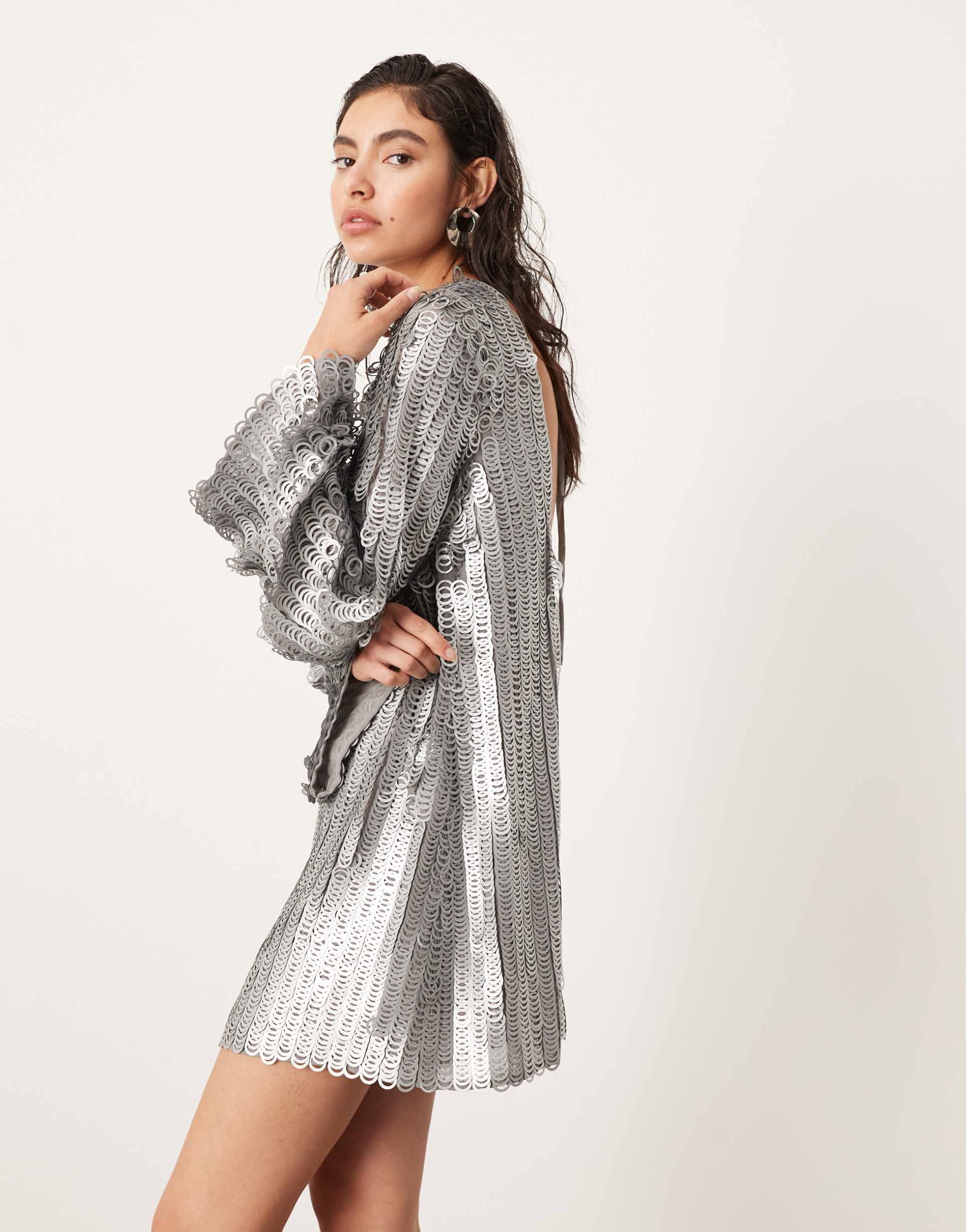 asos edition embellished ring sequin mini dress with scoop back in silver