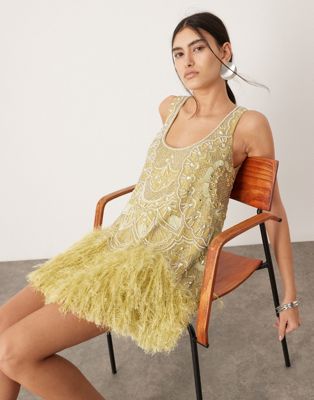 ASOS EDITION embellished scoop neck mini dress with faux feather hem in lime