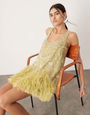 Asos Design Embellished Scoop Neck Mini Dress With Faux Feather Hem In Lime-black