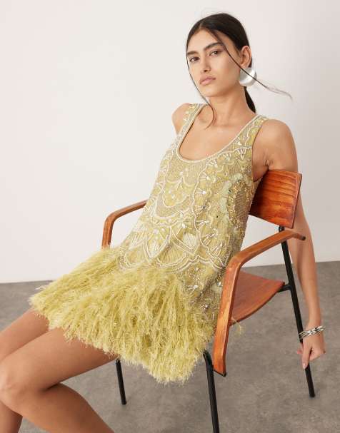 ASOS EDITION embellished scoop neck mini dress with faux feather hem in lime - view 1