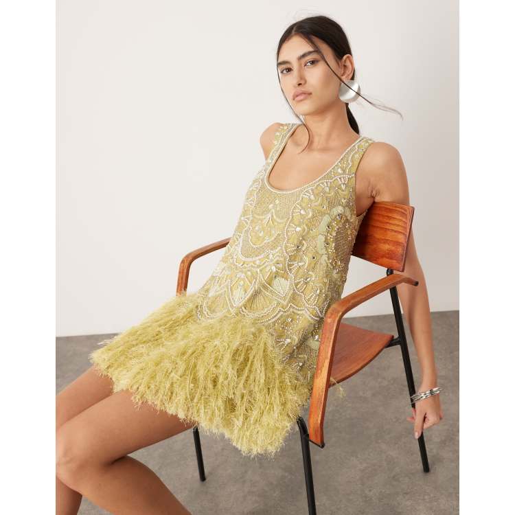 ASOS EDITION embellished scoop neck mini dress with faux feather hem in lime ASOS