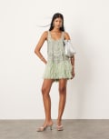 [ASOS EDITION] ASOS EDITION embellished scoop neck mini dress with faux feather hem in sage green-Multi 18 Sage