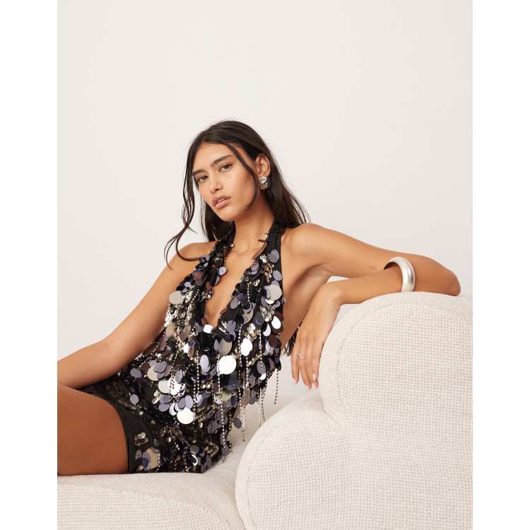 asos night ombre sequin fringe mini dress ASOS DESIGN Curve embellished plunge mini dress in ombre beaded fringe in  taupe