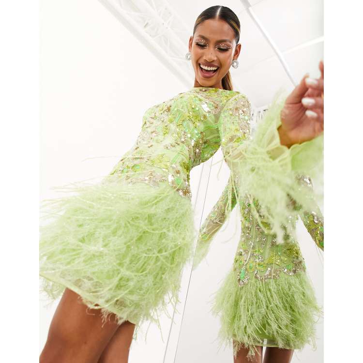 ASOS EDITION embellished sequin and fringe mini dress with faux feather hem  in lime | ASOS