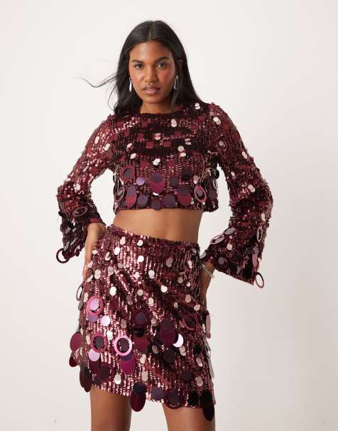 ASOS EDITION embellished sequin long sleeve crop top co-ord in burgundy - view 1