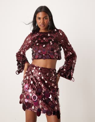 embellished sequin long sleeve crop top in burgundy - part of a set-Red