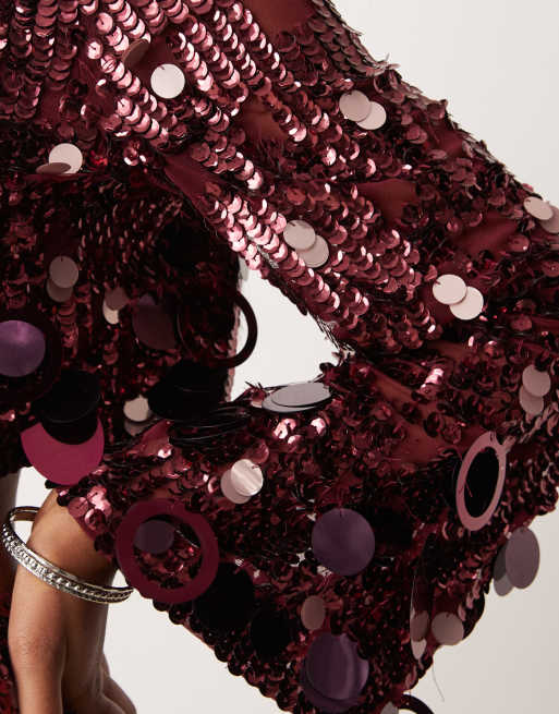 ASOS EDITION embellished sequin long sleeve crop top in burgundy