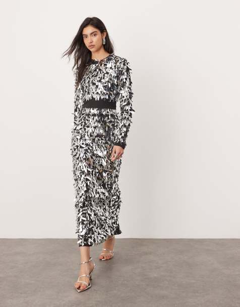 ASOS EDITION embellished shard sequin long sleeve maxi dress with contour waist detail in silver