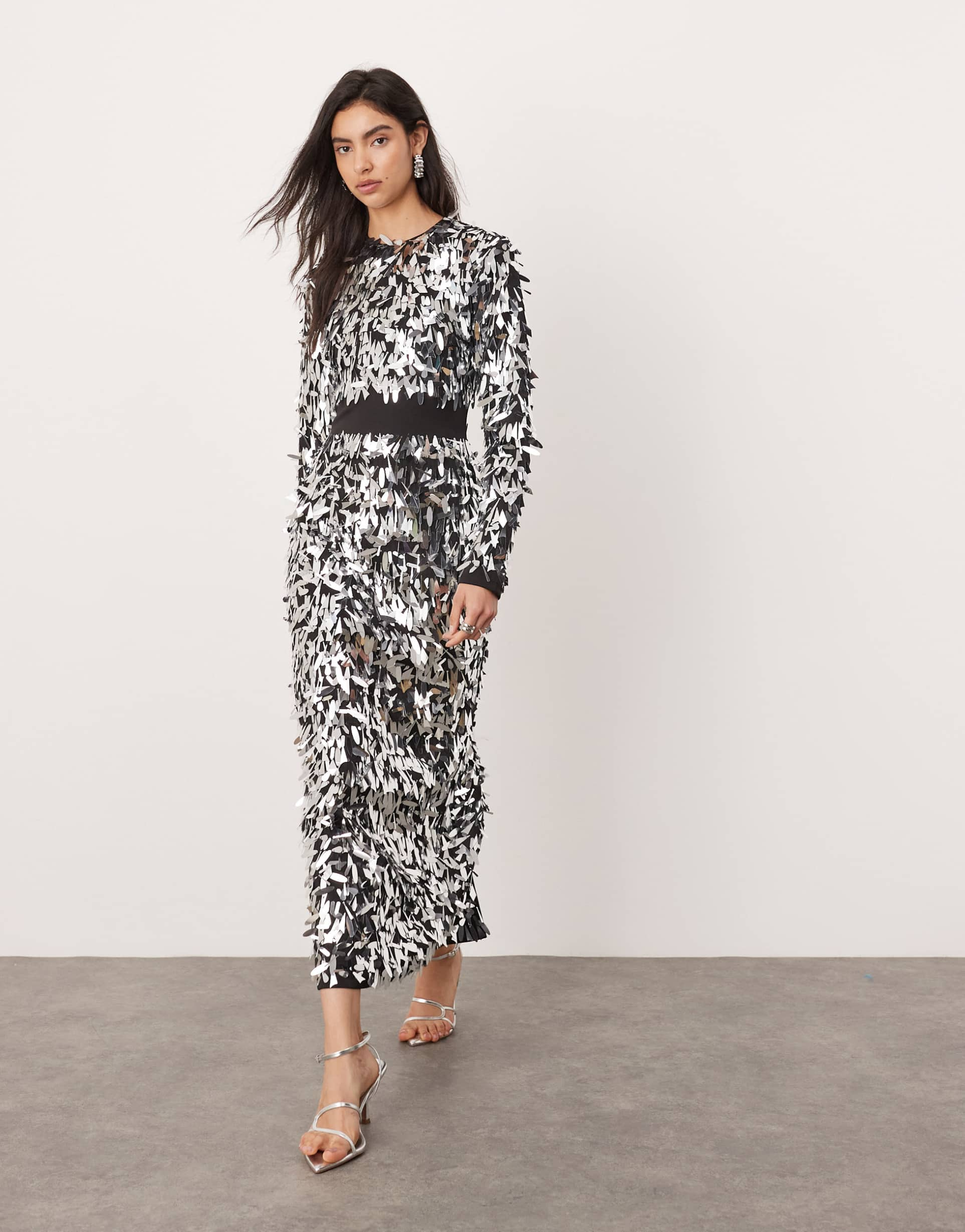 asos edition embellished shard sequin long sleeve midaxi dress with contour waist detail in silver