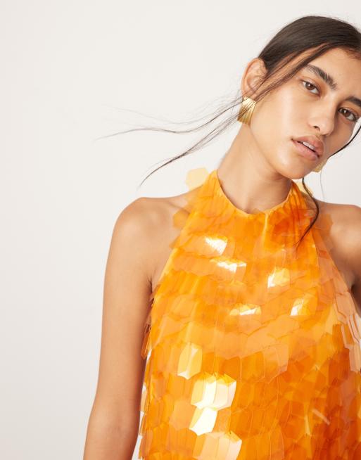 ASOS EDITION embellished shard sequin longline halter neck top in orange