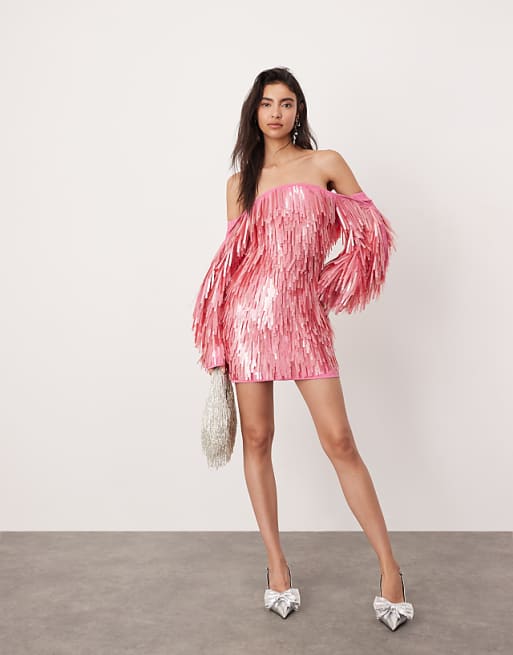 asos glitter dress DESIGN paillette sequin embellished fringe mini in pink Deciding on ASOS Wedding Guest