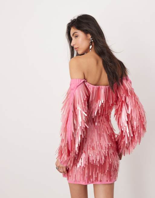 Asos pink fringe dress online