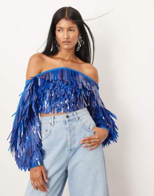 embellished shard sequin top with oversized sleeves in blue-Multi