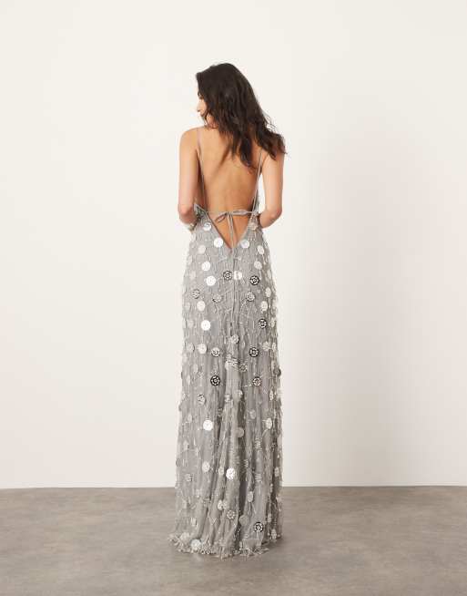 ASOS EDITION embellished sheer flower drop jewel maxi dress with low back in silver