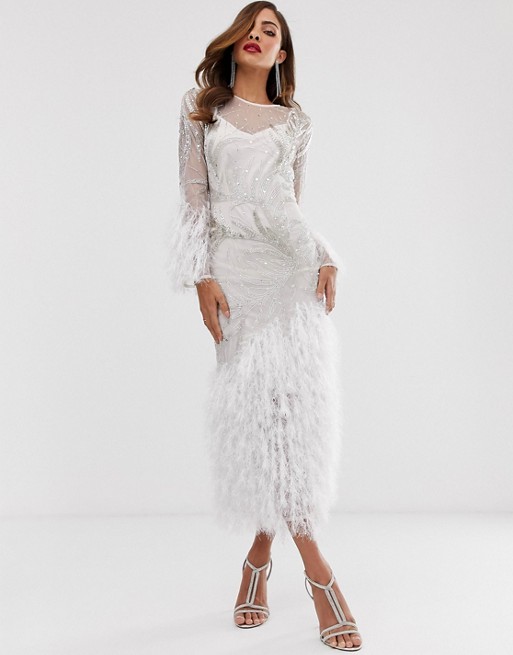 ASOS EDITION embellished showgirl midi dress with faux feathers
