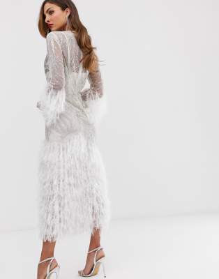 white feather midi dress