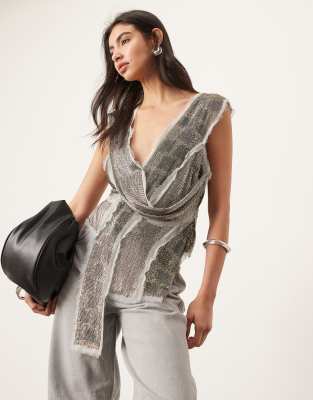 embellished spliced longline top in charcoal-Gray