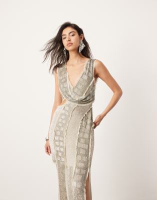 ASOS EDITION embellished spliced raw edge asymmetric midi dress in silver