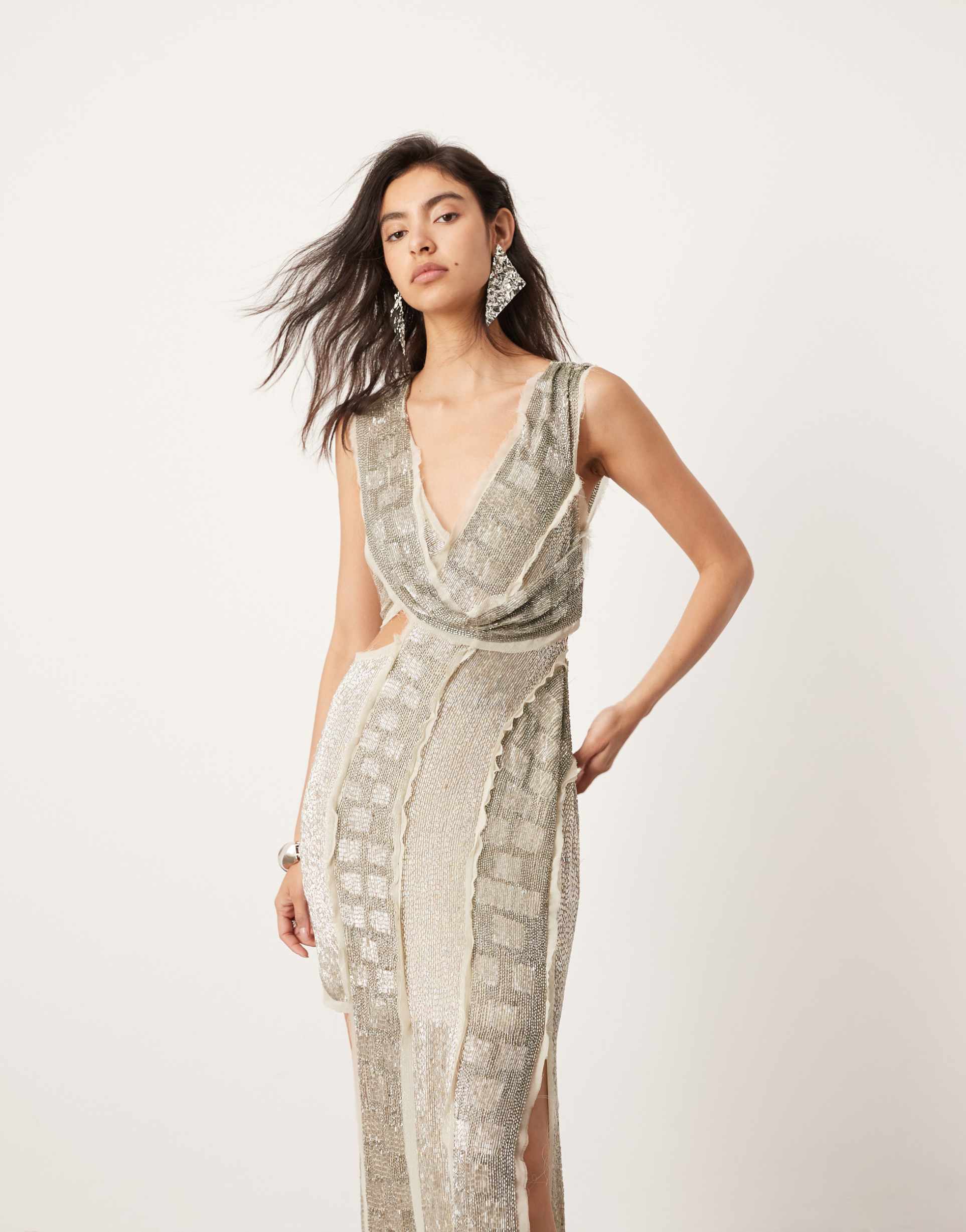 asos edition embellished spliced raw edge asymmetric midi dress in silver