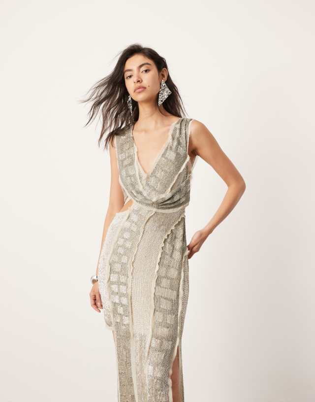 ASOS EDITION - embellished spliced raw edge asymmetric midi dress in silver