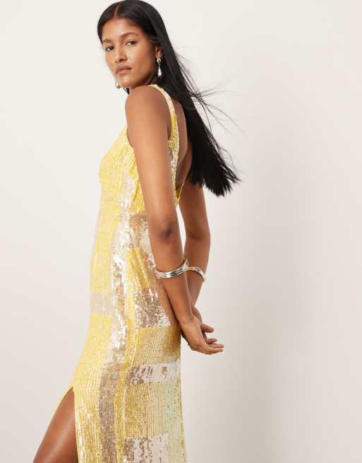 ASOS EDITION embellished square neck midaxi dress in yellow geo stripe print