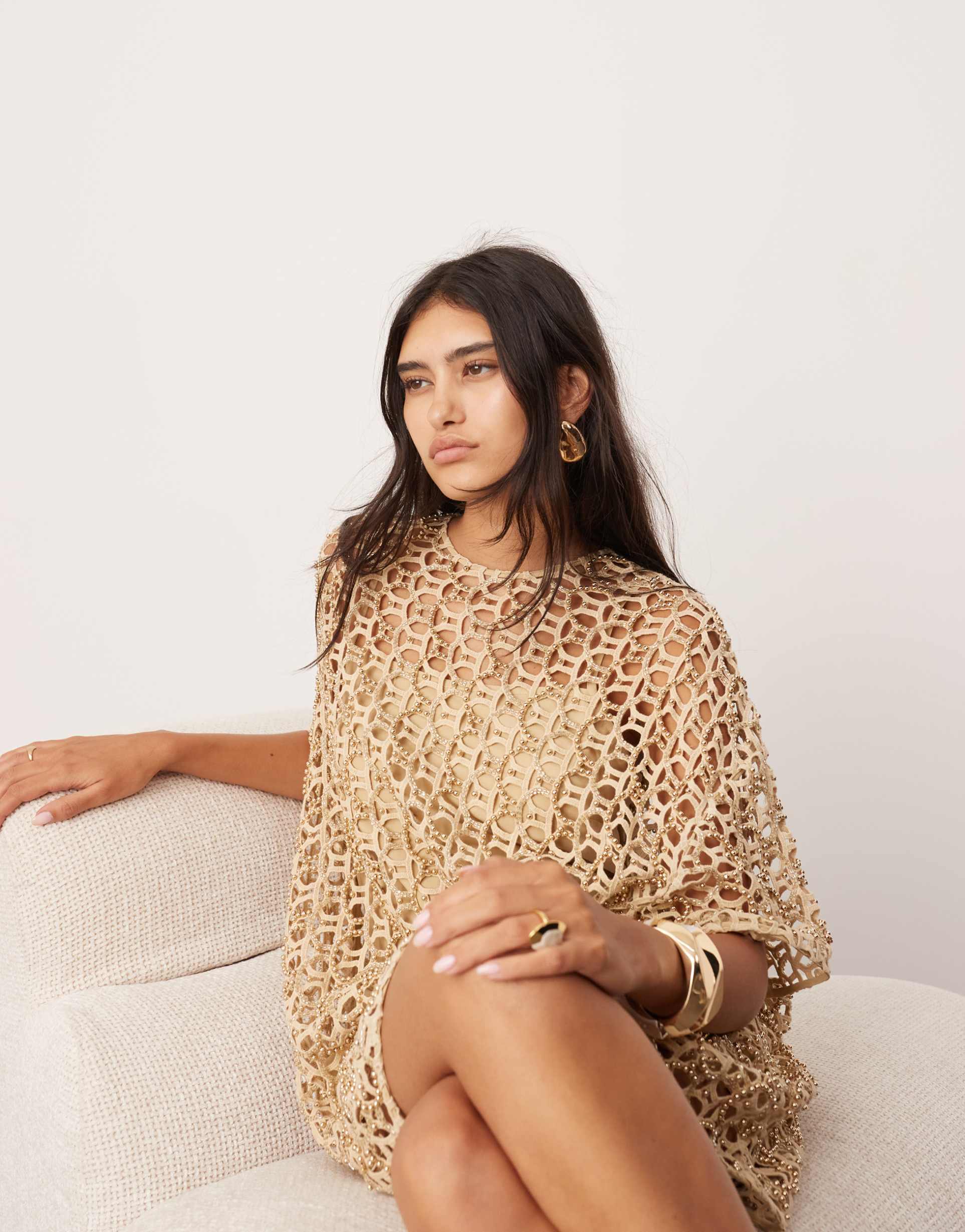 asos edition embellished stud crochet oversized t-shirt mini dress in gold