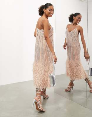 Asos edition embellished showgirl midi dress with faux feathers on sale