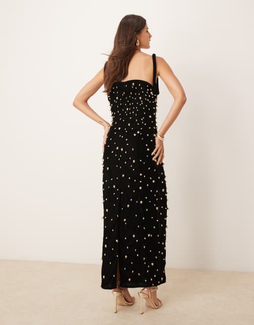 ASOS EDITION embellished velvet midi dress with bead detail in black | ASOS