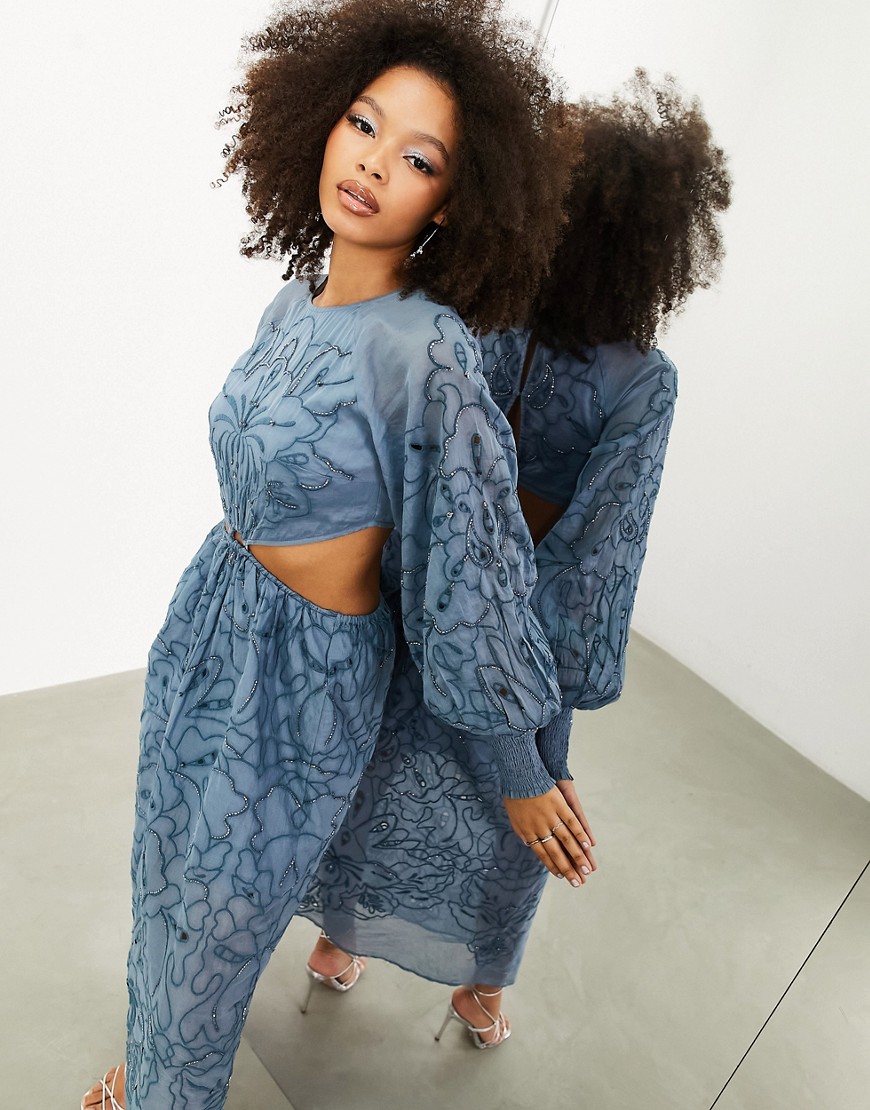 ASOS EDITION embroidered and beaded cut out detail long sleeve midi dress in blue