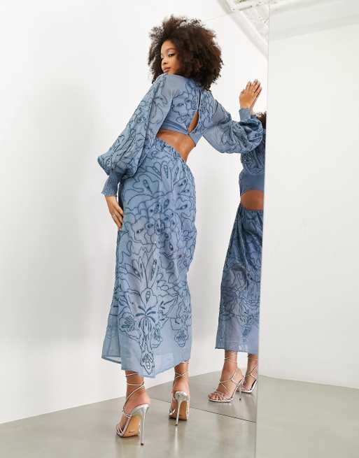 ASOS EDITION embroidered and beaded cut out detail long sleeve midi dress  in blue