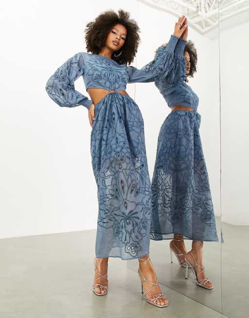 ASOS EDITION embroidered and beaded cut out detail long sleeve midi dress  in blue