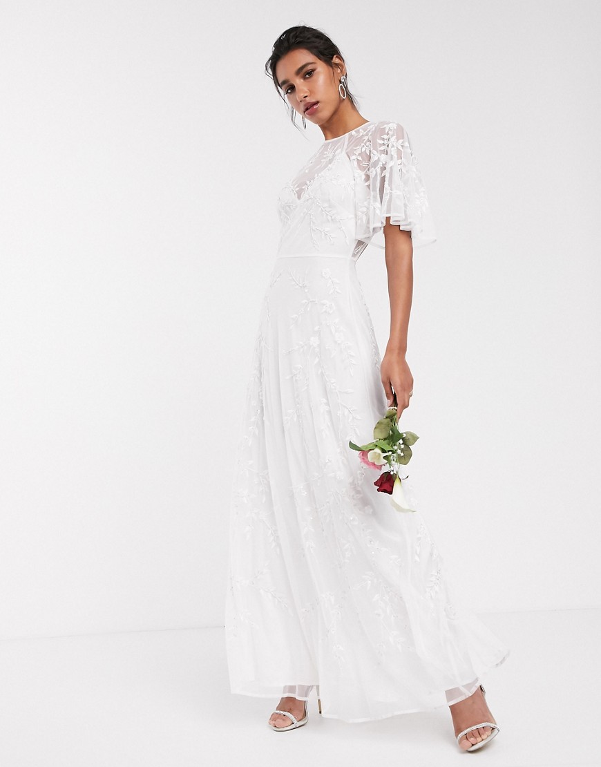 ASOS EDITION embroidered & beaded flutter sleeve wedding dress-White