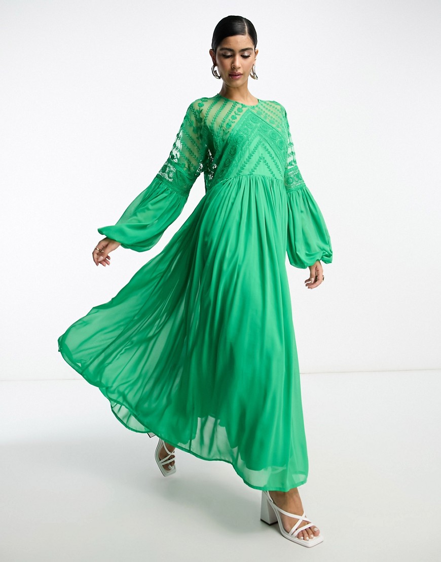 Asos Design Embroidered Bodice Oversized Maxi Dress In Green