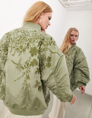 ASOS EDITION embroidered oversized bomber jacket in sage green
